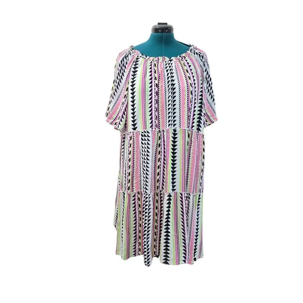 Savanna Jane Midi Dress Round Neck Summer Geometric Print Multicolor Size 2X